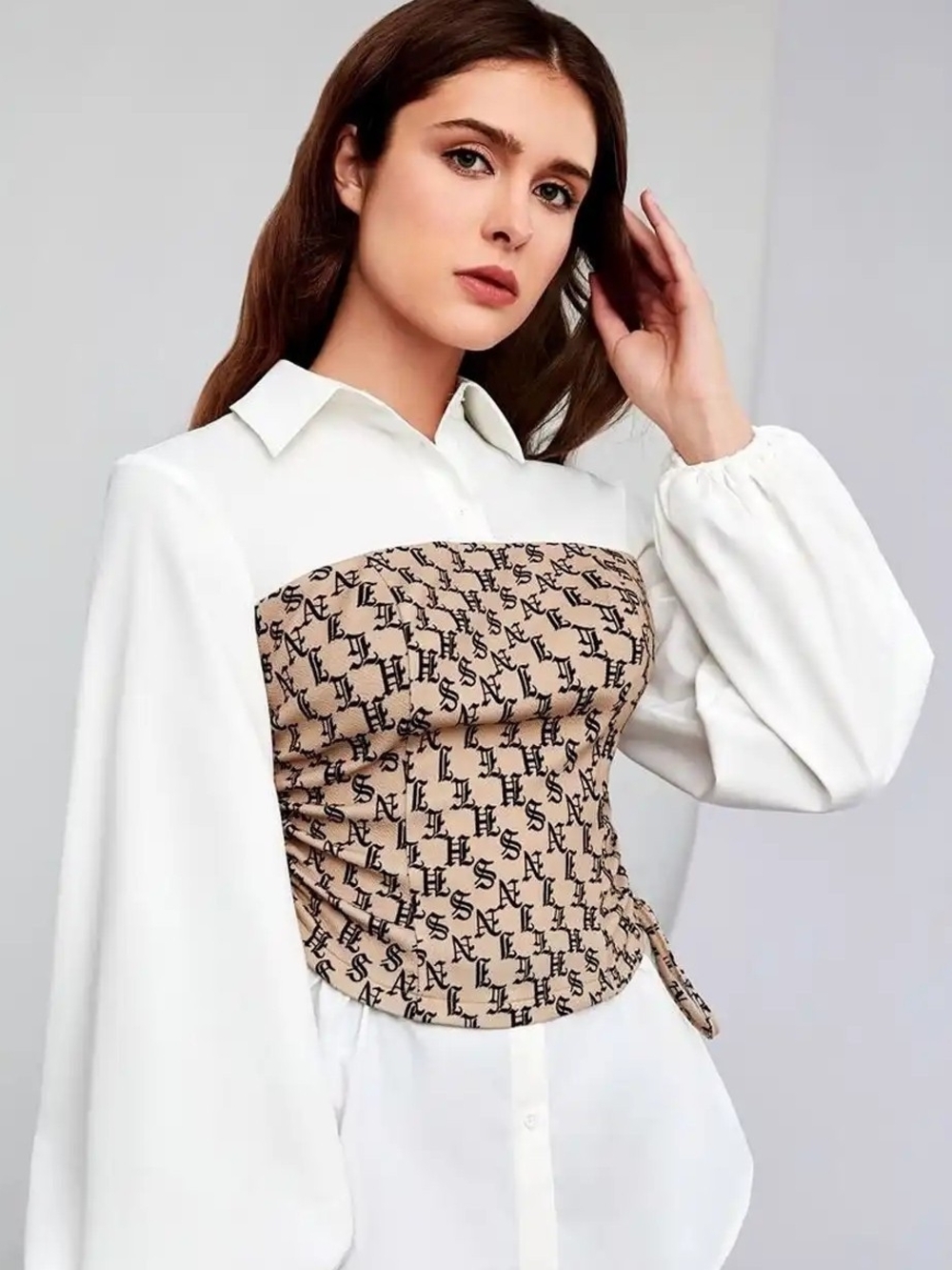 White Blouse with Beige Patterned Bustier